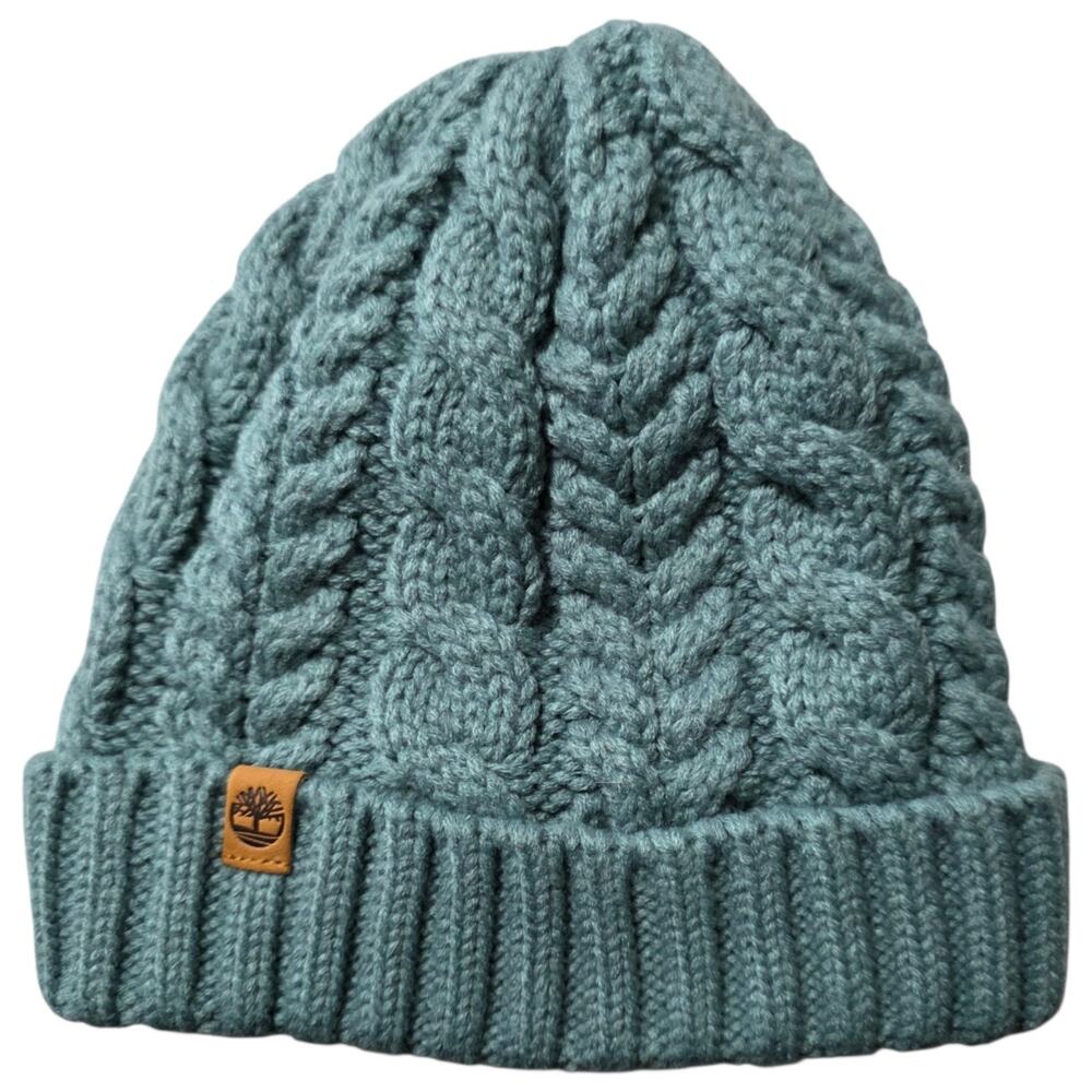 Timberland Cable Knit Beanie Hat One Size Teal Fleece Lined Cuffed Winter